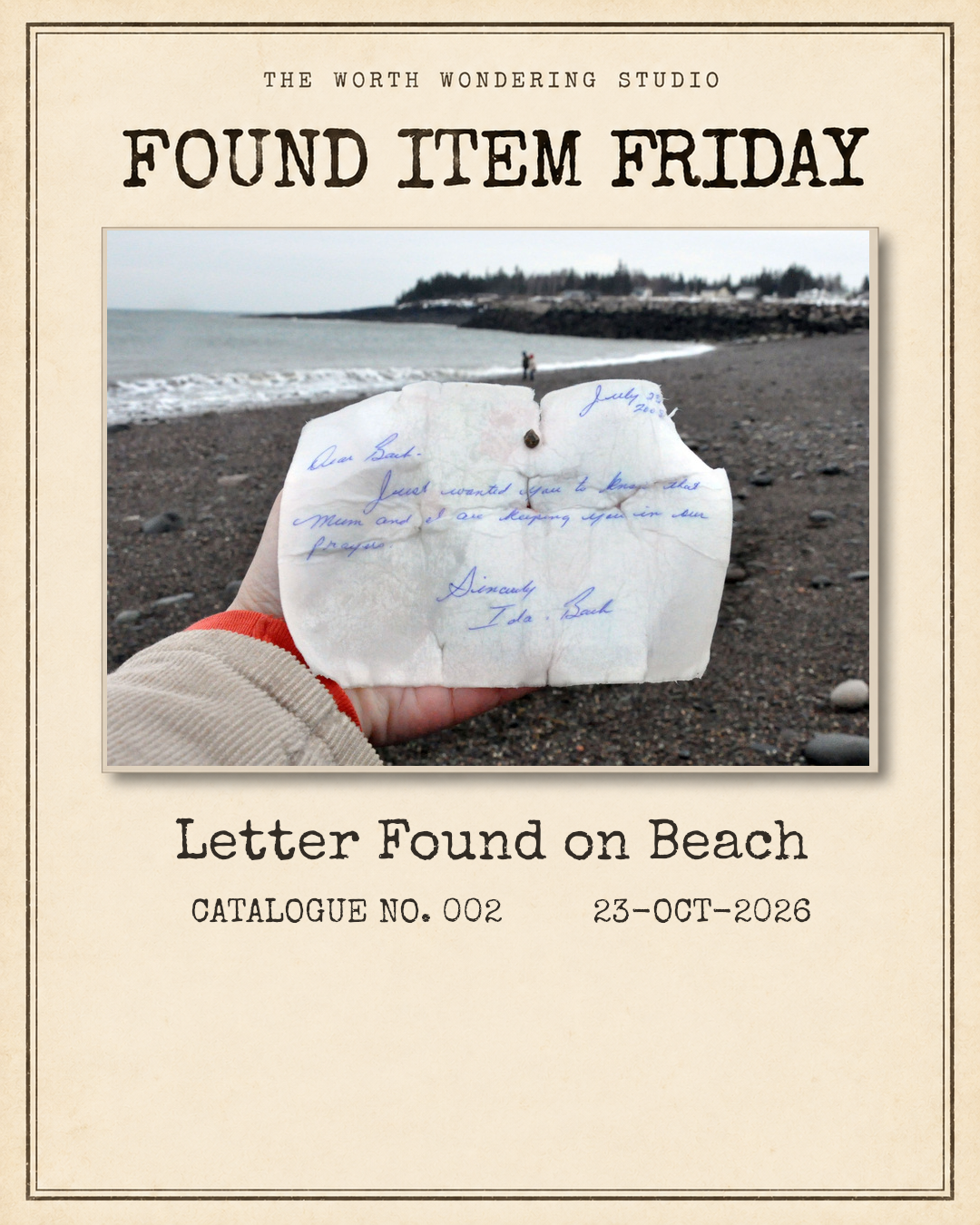 Found Item Friday artwork featuring an old handwritten letter discovered on a rocky Nova Scotia beach.